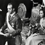 22, 1975 shows Juan Carlos of Bourbon taking the oath in front of the Spanish Parliament, the Cortes, and the Kingdom's Council in Madrid, next top his wife Queen Sofia. Spanish King Juan Carlos will abdicate in favour of his son Prince Felipe, the natio