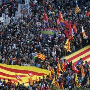 Estelades a la manifestació a favor de la República Catalana a la plaça Catalunya de Barcelona, el dia de l'abdicació del rei Joan Carles