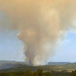 La gran columna de fum de l'incendi forestal d'Olivella, al Massís del Garraf