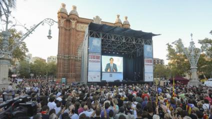 El president Carles Puigdemont, durant la seva intervenció telemàtica a l'acte de les entitats amb motiu de l'1-O