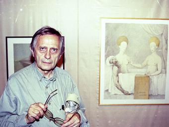 Josep M. Subirachs a Centelles, en l’exposició que hi va fer l’any 1995 Sagi Serra