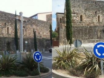 L'abans i després de la rotonda amb la creu franquista María Ramírez