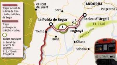 Esquema del traçat ferroviari proposat per la Diputació de Lleida