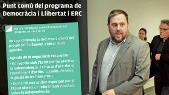 El president d'ERC, Oriol Junqueras, ahir amb Joan Tardà i Gabriel Rufián, en la presentació del programa electoral dels republicans ORIOL DURAN