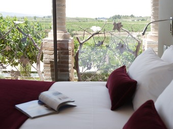 Una habitació de l'hotel de Can Bonastre –centre d'enoturisme–, a Masquefa, amb les vinyes de fons.  EL PUNT