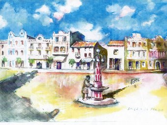 Il·lustració del pintor Vicent Gris, la plaça del poble de Silla, S. GRANDE