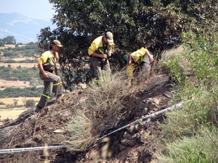 Tres Agents Rurals investigant les causes de l'incendi al lloc on suposadament es va iniciar, a la Donzell d´Urgell.