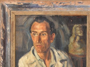 Retrat de Manolo Valiente per José Lamuño (1943), Noche, de la sèrie Arena y viento; Autoretrato (1949) i Mon Odalisca (1939). /   AJUNTAMENT DEL BARCARÈS