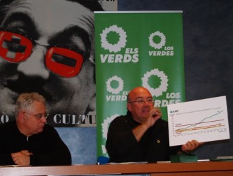 Joan Francesc Peris mostra una gràfica a la reunió dels Verds del País Valencià. ARXIU