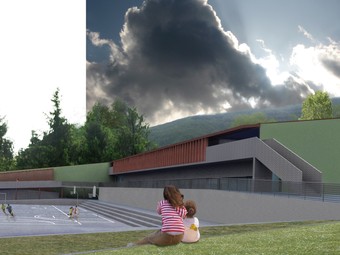 Una imatge virtual de l'escola des del pati.  EL PUNT