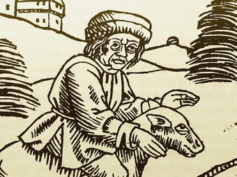«Bruixot dirigint-se a l'aquelarre», gravat del segle XV en que es representa un home a cavall d'un llop.  FONS JOSEP MARIA MASSIP