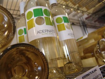 Un primer pla de les ampolles de vi blanc que ja porten les noves etiquetes que Vinícola de Nulles acaba d'estrenar. A. ESTALLO