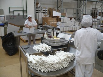Una vista de l'interior de la fàbrica amb dues treballadores embalant una partida de fuets. J.C