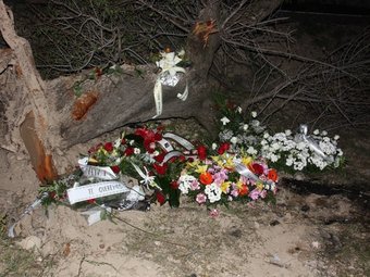 Flors en el punt on es va produir l'accident de Figuerola del Camp, en el que va perdre la vida un noi de 24 anys ACN