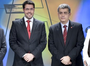 Els caps de llista d'ICV, ERC, CiU, PSC, PP i Ciutadans al debat electoral de TV3. Robert Ramos