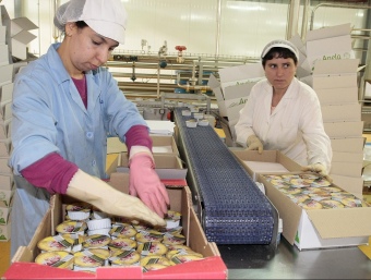 Dues treballadores de l'empresa Blaufruit encapsen terrines de fruita natural de la línia Anela Fruits LLUÍS SERRAT