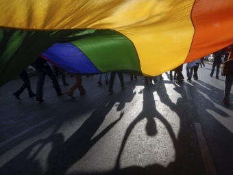 Bandera de l'orgull gai a una manifestació recent. ARXIU