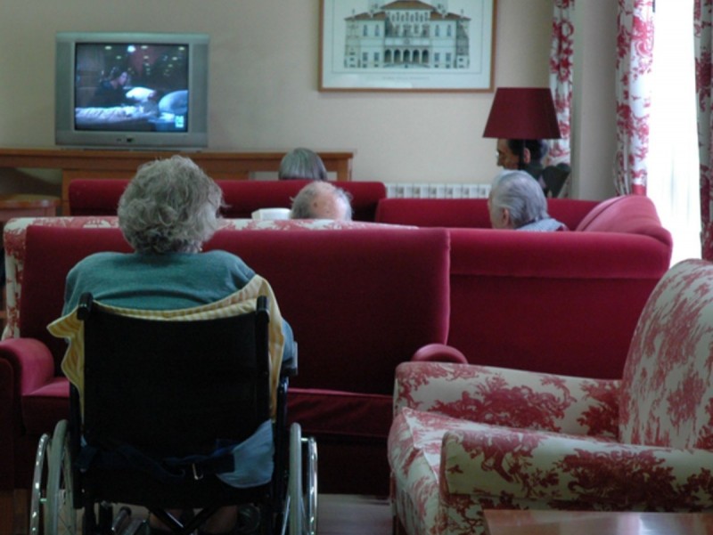 Avis mirant la televisió en una una residència d'Esplugues de Llobregat ARXIU
