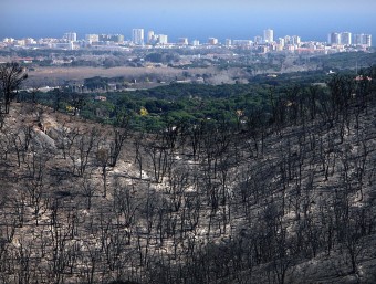 Els efectes de l'incendi a l'alçada de Solius, molt a prop d'on es va originar el foc, amb la platja de Santa Cristina d'Aro al fons, en una imatge d'ahir. MANEL LLADÓ