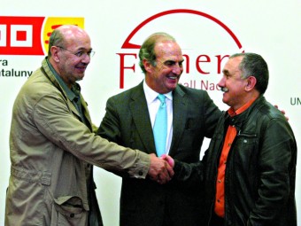 Gallego (CCOO), Gay de Montellà (Foment) i Àlvarez (UGT) van firmar el novembre passat l'AIC sense Pimec.  ARXIU