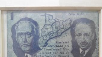 Macià i Companys en el bitllet d'una pesseta emès el 1937 a Malgrat i ara exposat a la Casa de la Moneda D.P
