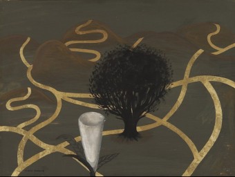 ‘Els camins de l'amic', una de les pintures al tremp amb pa d'or de l'exposició de Carme Sanglas DUNEV ART PROJECTS