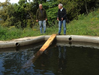 La rampa que s'ha instal·lat a una de les basses de Can Rubí amb el biòleg Daniel Guinart i Josep M. Pujol del viver R.F