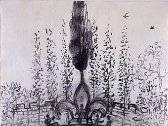 Detall de ‘Projecte per al jardí de Púbol' (c. 1970), realitzat en carbonet sobre paper (mides 18,2 x 24 cm), que s'exposa a la biblioteca del Castell de Púbol FUNDACIÓ GALA-SALVADOR DALÍ
