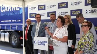 Marina Cristina Calsina, el conseller Santi Vila i l'alcalde de Pont de Molins, Josep Fonts, durant els parlaments. JOAN SABATER