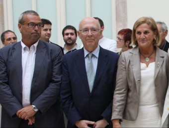 Els expresidents del Parlament Ernest Benach, Joan Rigol i Núria de Gispert, durant la recepció que la cambra catalana va fer a l'ANC la Diada de l'Onze de Setembre de l'any passat