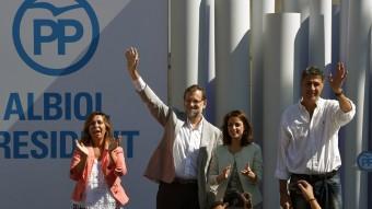 Camacho, Rajoy, Levy i Albiol ahir en el míting del PP a Badalona LLUIS GENE / AFP