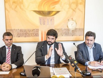 Ivan Tibau, Gerard Esteva i Xavier Vinyals, ahir en la roda de premsa a la seu de la Unió de Federacions Esportives de Catalunya JOSEP LOSADA