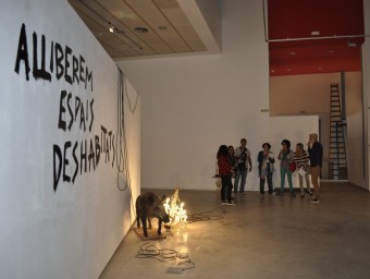 L'artista Manel Margalef explicant el contingut de l'exposició davant dels periodistes. NÚRIA CARO / L'EBRE