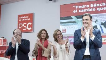 Sánchez, Batet, Chacón i Iceta obrien ahir la precampanya electoral espanyola a Barcelona davant de la plana major del PSC, alcaldes i els caps de federacions i agrupacions. JOSEP LOSADA