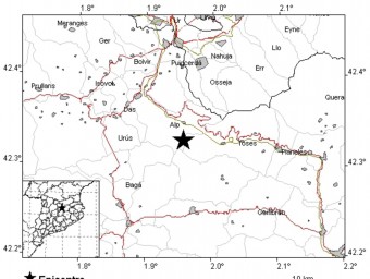 El mapa de l'Institut Cartogràfic i Geològic de Catalunya amb l'epicentre del terratrèmol