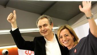 L'expresident espanyol, José Luis Rodríguez Zapatero, i la candidata del PSC a les eleccions del 20-D, Carme Chacón, aquest dimecres a Sabadell ACN