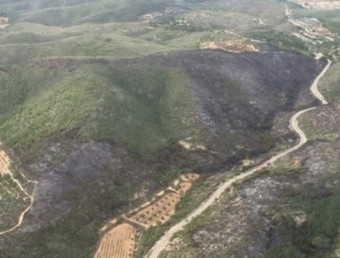 Vista aèria de la zona afectada per l'incendi, al Massís de Bonastre BOMBERS DE LA GENERALITAT