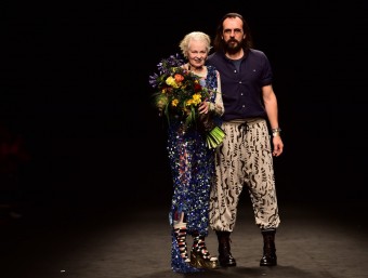 Vivienne Westwood and her husband, designer Andreas Kronthaler, at this year's Milan's men's fashion show.   AFP/ GIUSEPPE CACACE