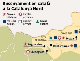 El mapa de l'ensenyament del català a Catalunya Nord. FOTO: Aplec