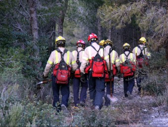 Efectius dels Bombers durant les tasques d'extinció de l'incendi, aquest dijous a Mont-roig del Camp ACN