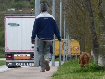 Un home passejant el seu gos al polígon industrial del Pla de Baix d'Olot, la setmana passada. R. E