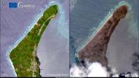 Imatges de Kanokupolu, a Tonga, preses pel satèl·lit Copèrnic de la UE abans i després de l’erupció volcànica