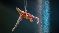 Un instant de ‘Luzia’ en què s’executen acrobàcies dalt del trapezi mentre l’aigua esquitxa l’escenari