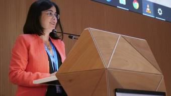 La ministra de Sanitat, Carolina Darias, durant la seva intervenció en la 75a Assemblea Mundial de la Salut, aquest dilluns a Ginebra
