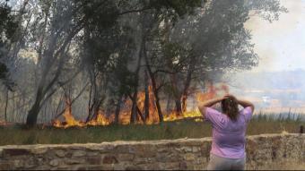 Una dona es posa les mans al cap veient com cremen uns arbres a San Martín de Tábara, al nord-est de Losacio