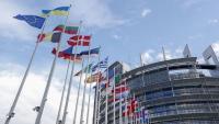 Les banderes dels estats membres de la UE davant l’edifici del Parlament Europeu a Estrasburg