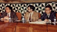 Carrete, a la dreta, en la presentació del meu llibre ‘La xilografia a Catalunya 1800-1923’, a la seu de l’IEC, amb Manuel Jorba, llavors director de la Biblioteca de Catalunya (1992)